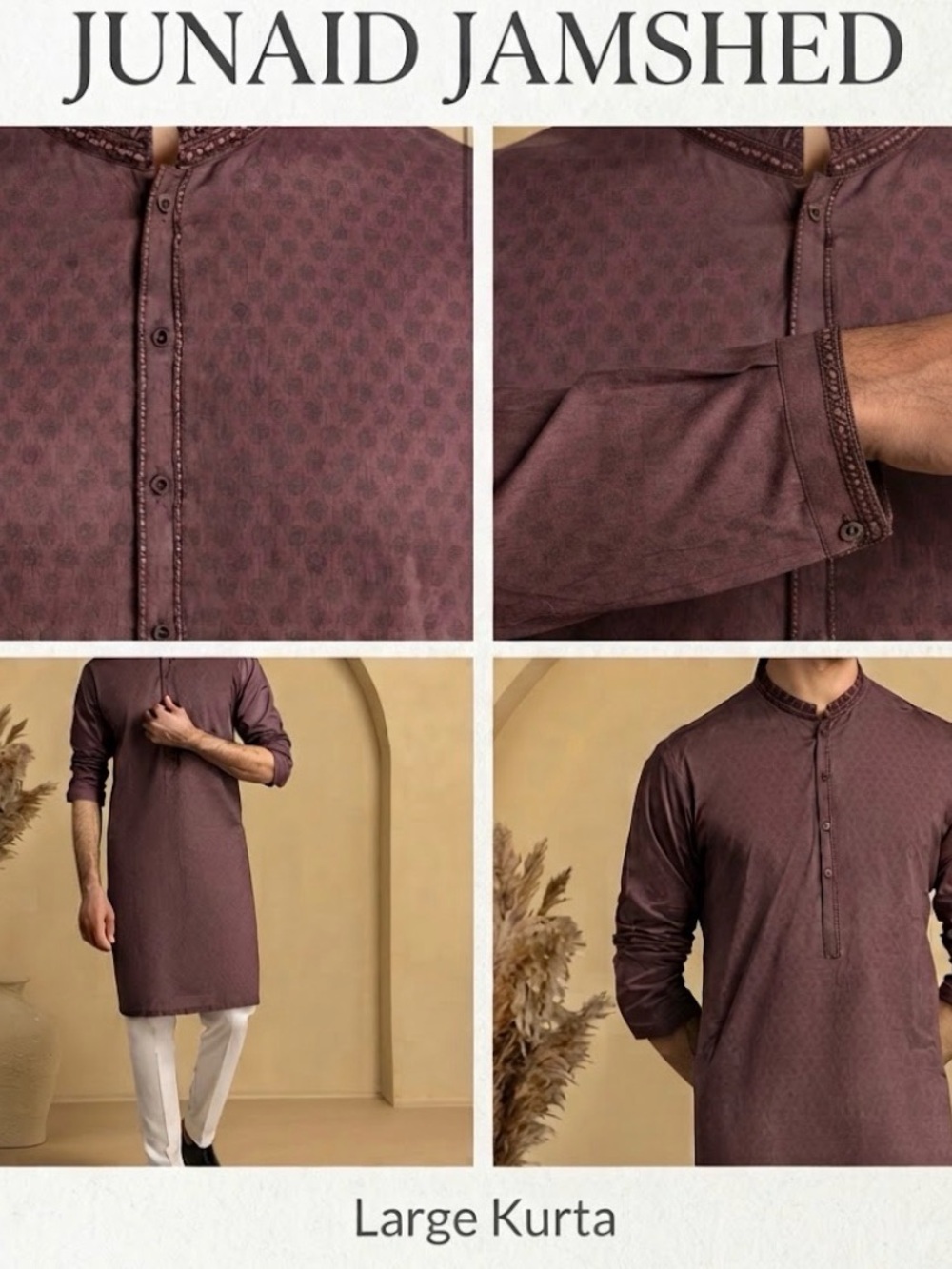 Men's Deep Maroon Semi Formal Kurta by Junaid Jamshed in Large size